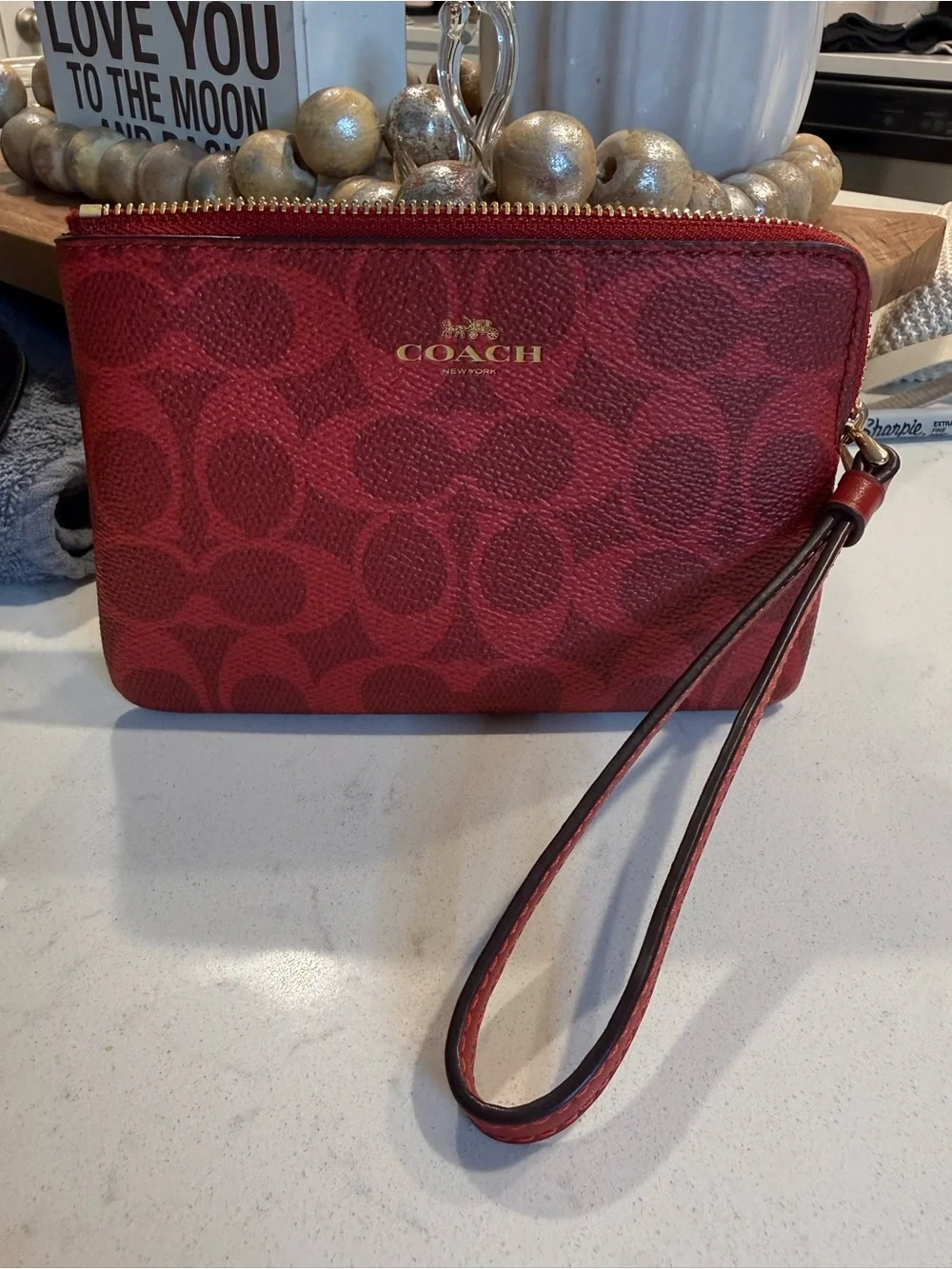 Coach Red Signature Zip Wrist Wallet with Gold Trim
